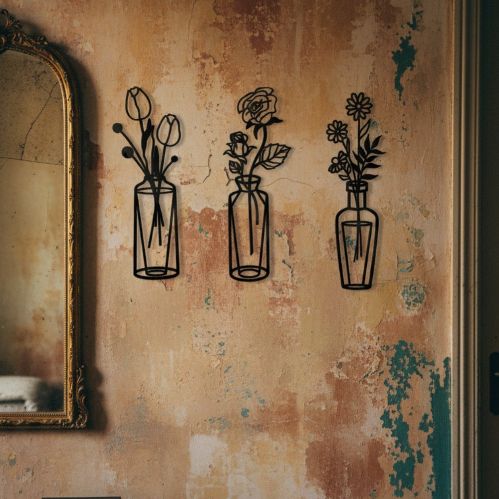 Set 3 Pièces Art Mural Fleur avec Vase Amovible